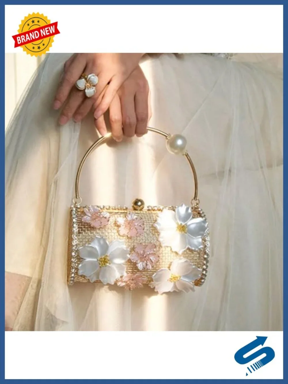 Acrylic Mesh Rhinestone Evening Bag Clutch with Pearl Handle